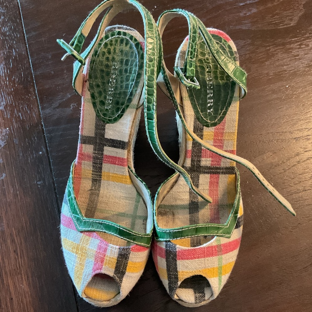 Burberry Multicolor Plaid Peep-Toe Wedge Sandals with Green Trim